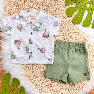 Conj. Camisa Tartarugas e Bermuda em Linho - Branco e Verde 